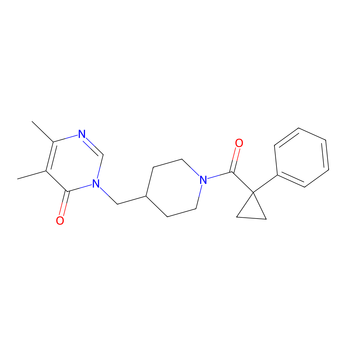 5,6-Dimethyl-3-{[1-(1-phenylcyclopropanecarbonyl)piperidin-4-yl]methyl}-3,4-dihydropyrimidin-4-one molecular structure, CAS 2202287-92-9