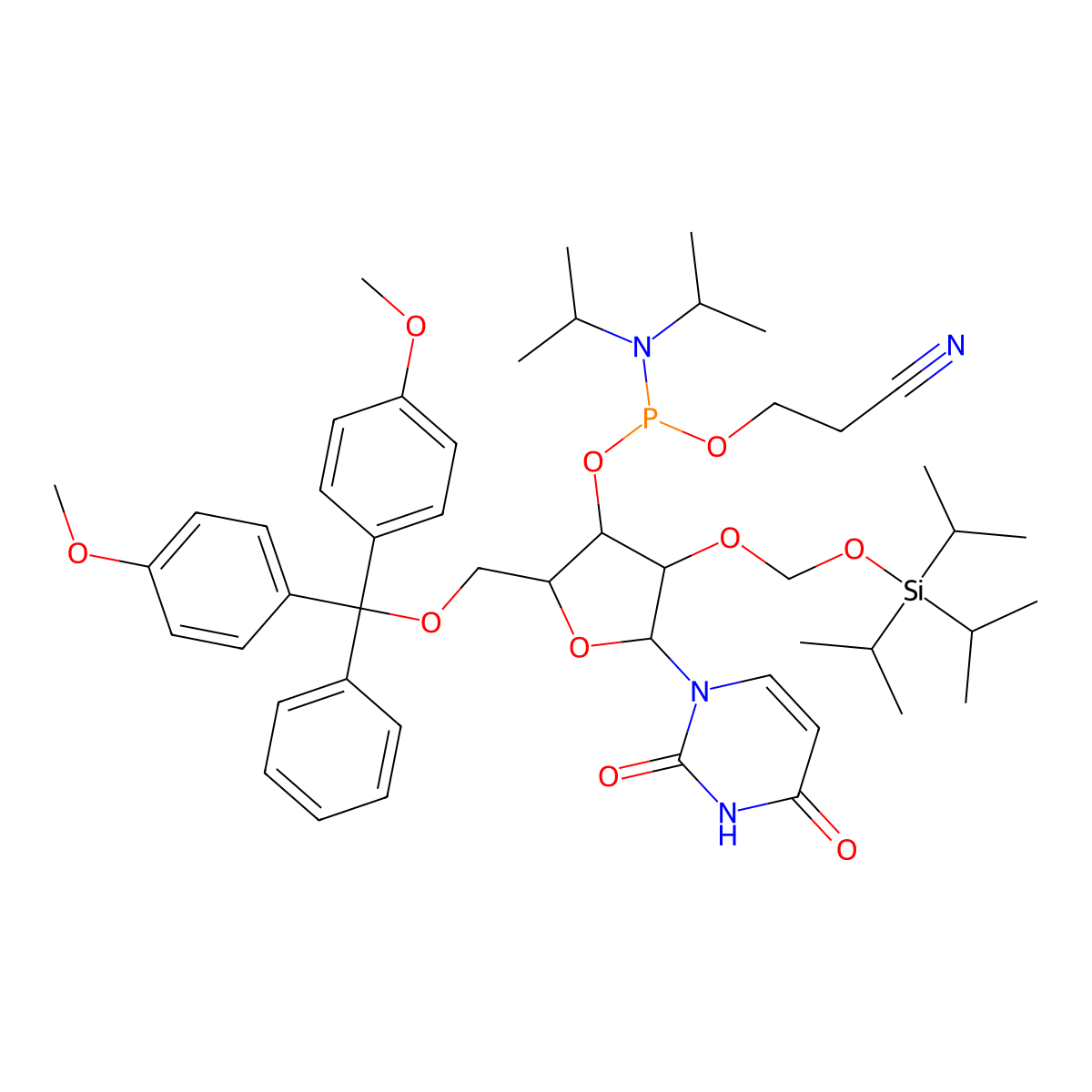 3-[({[(2R,3R,4R,5R)-2-{[bis(4-methoxyphenyl)(phenyl)methoxy]methyl}-5-(2,4-dioxo-1,2,3,4-tetrahydropyrimidin-1-yl)-4-({[tris(propan-2-yl)silyl]oxy}methoxy)oxolan-3-yl]oxy}[bis(propan-2-yl)amino]phosphanyl)oxy]propanenitrile molecular structure, CAS 220230-62-6
