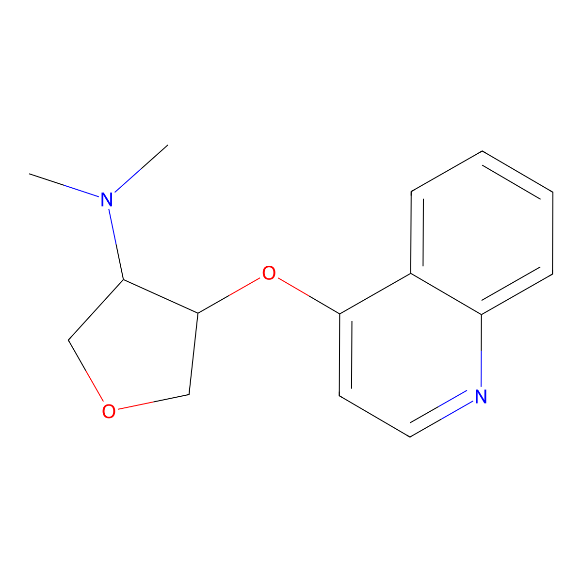 N,N-dimethyl-4-(quinolin-4-yloxy)oxolan-3-amine molecular structure, CAS 2202329-01-7