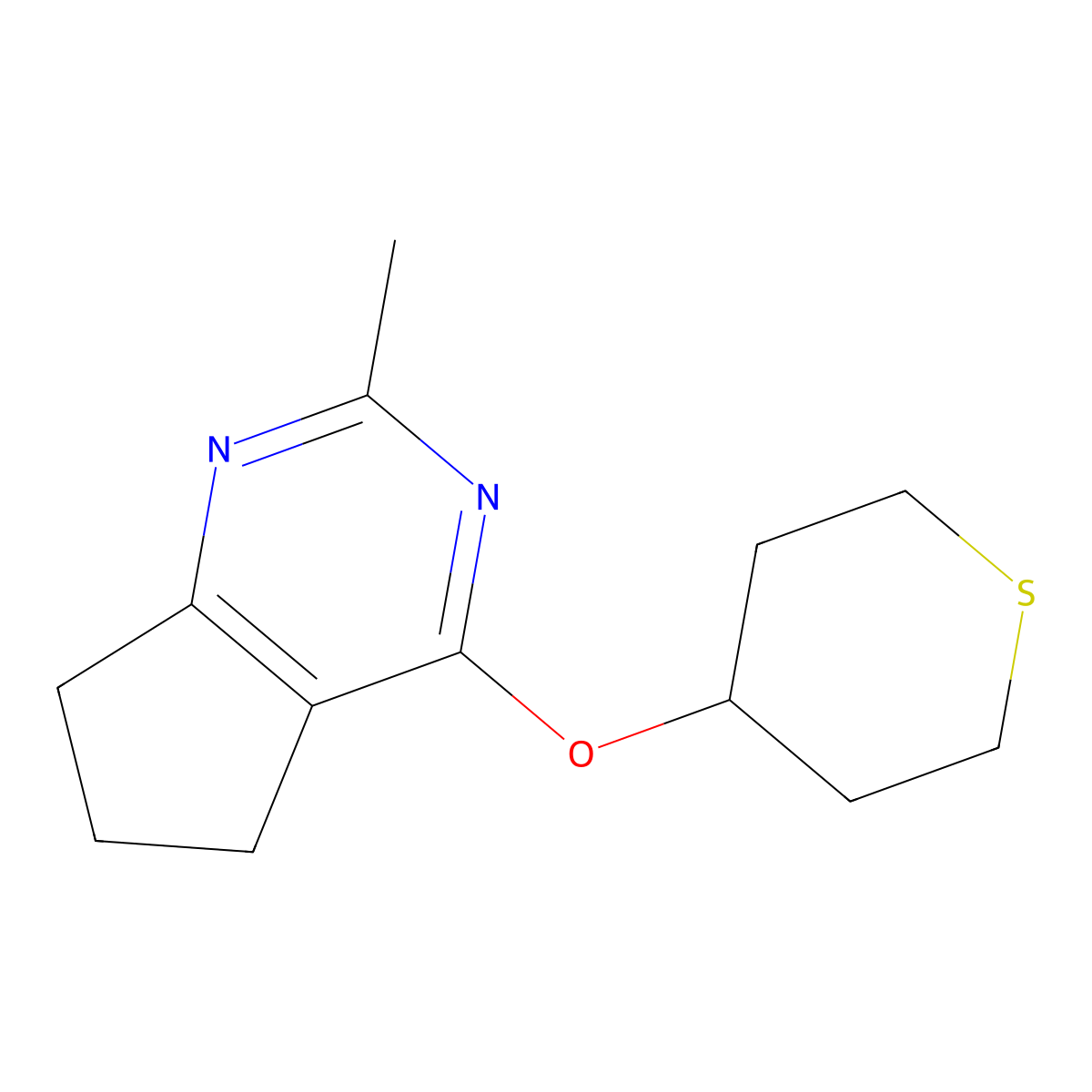 2-methyl-4-(thian-4-yloxy)-5H,6H,7H-cyclopenta[d]pyrimidine molecular structure, CAS 2202342-73-0