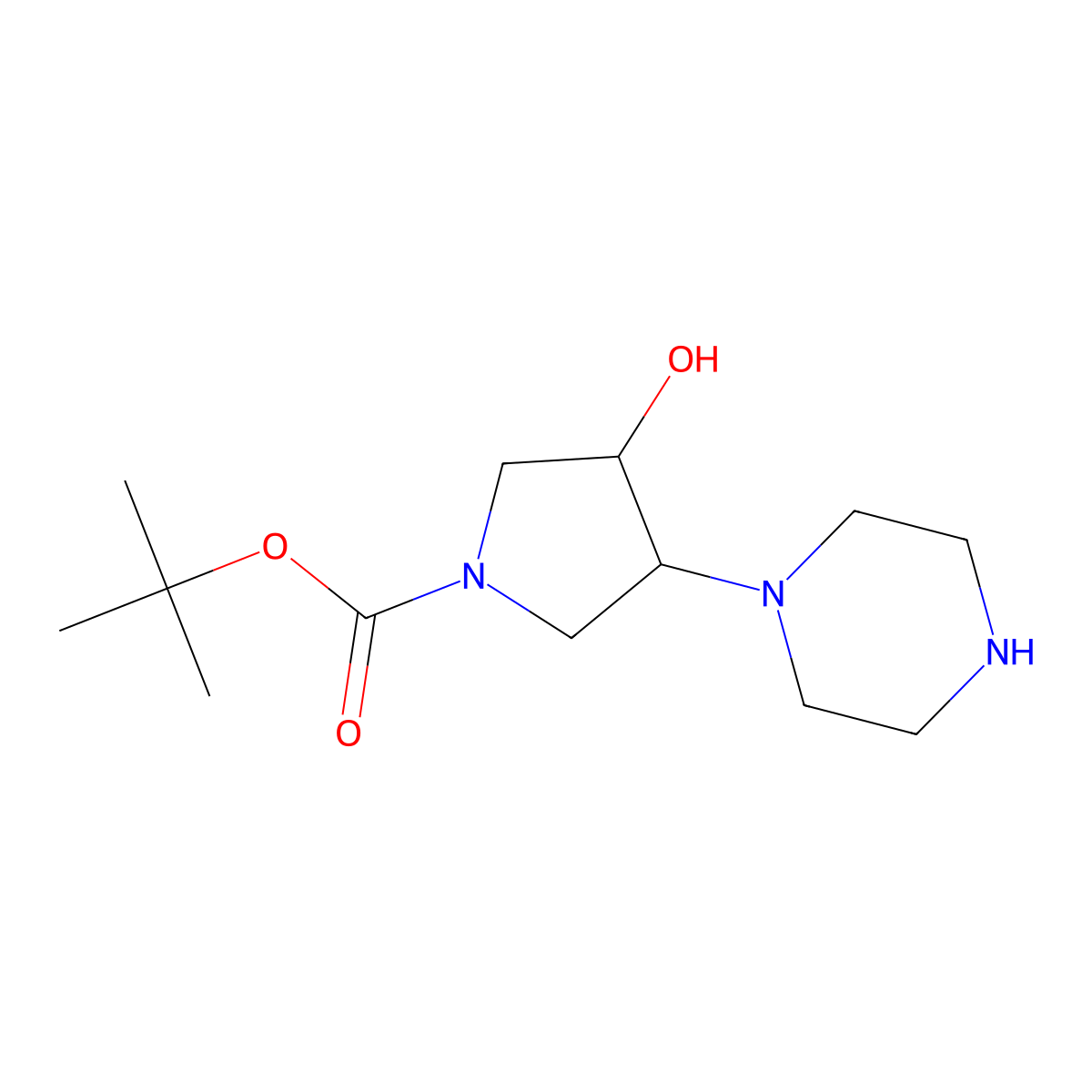 rac-tert-butyl (3R,4R)-3-hydroxy-4-(piperazin-1-yl)pyrrolidine-1-carboxylate molecular structure, CAS 2202367-29-9