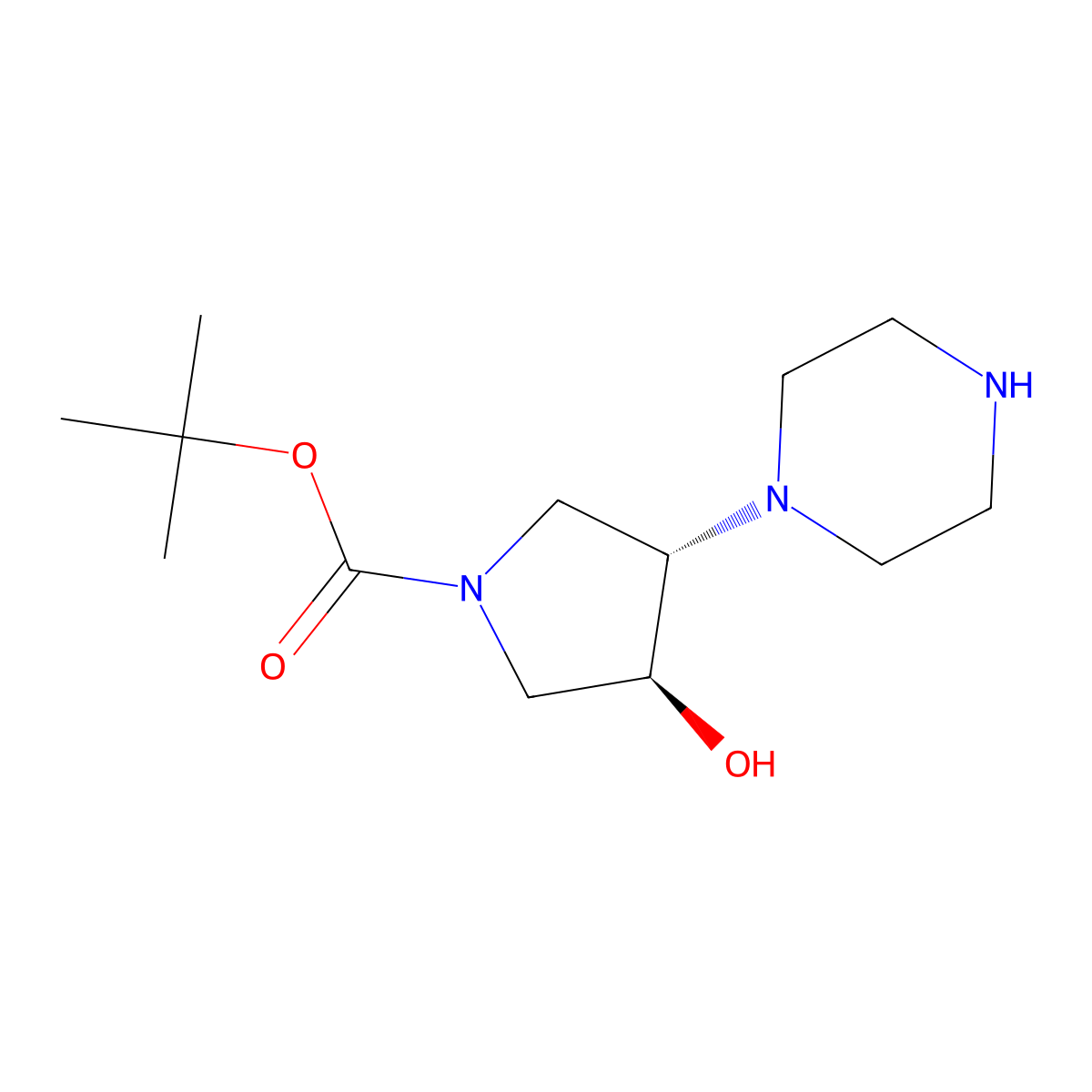rac-tert-butyl (3R,4R)-3-hydroxy-4-(piperazin-1-yl)pyrrolidine-1-carboxylate molecular structure, CAS 2202367-29-9