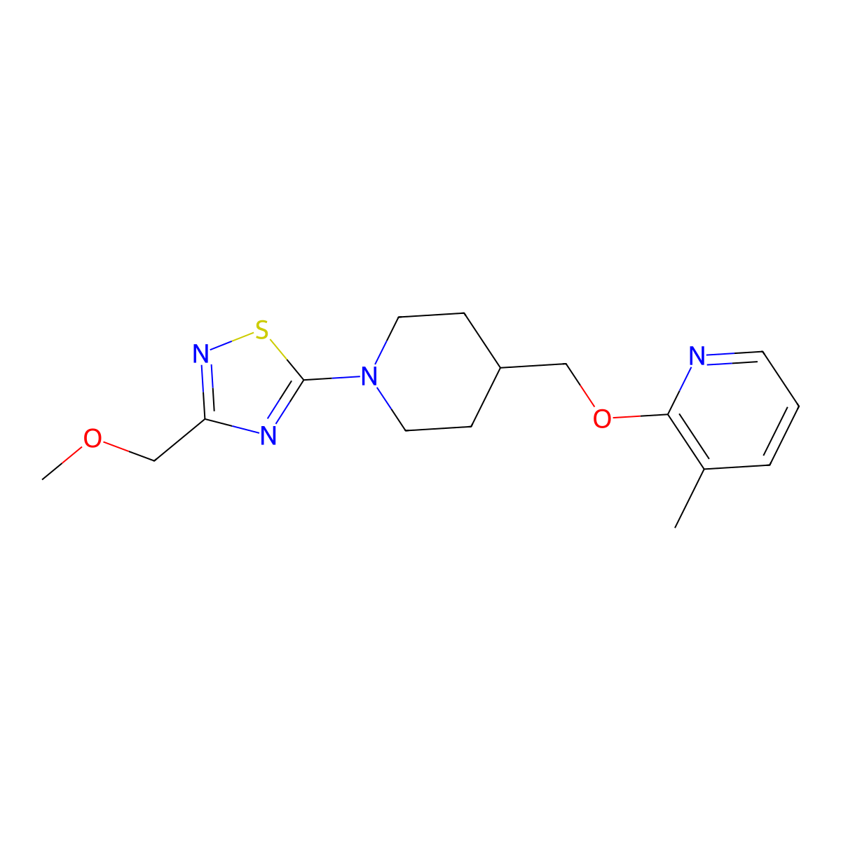 2-({1-[3-(Methoxymethyl)-1,2,4-thiadiazol-5-yl]piperidin-4-yl}methoxy)-3-methylpyridine molecular structure, CAS 2202377-73-7