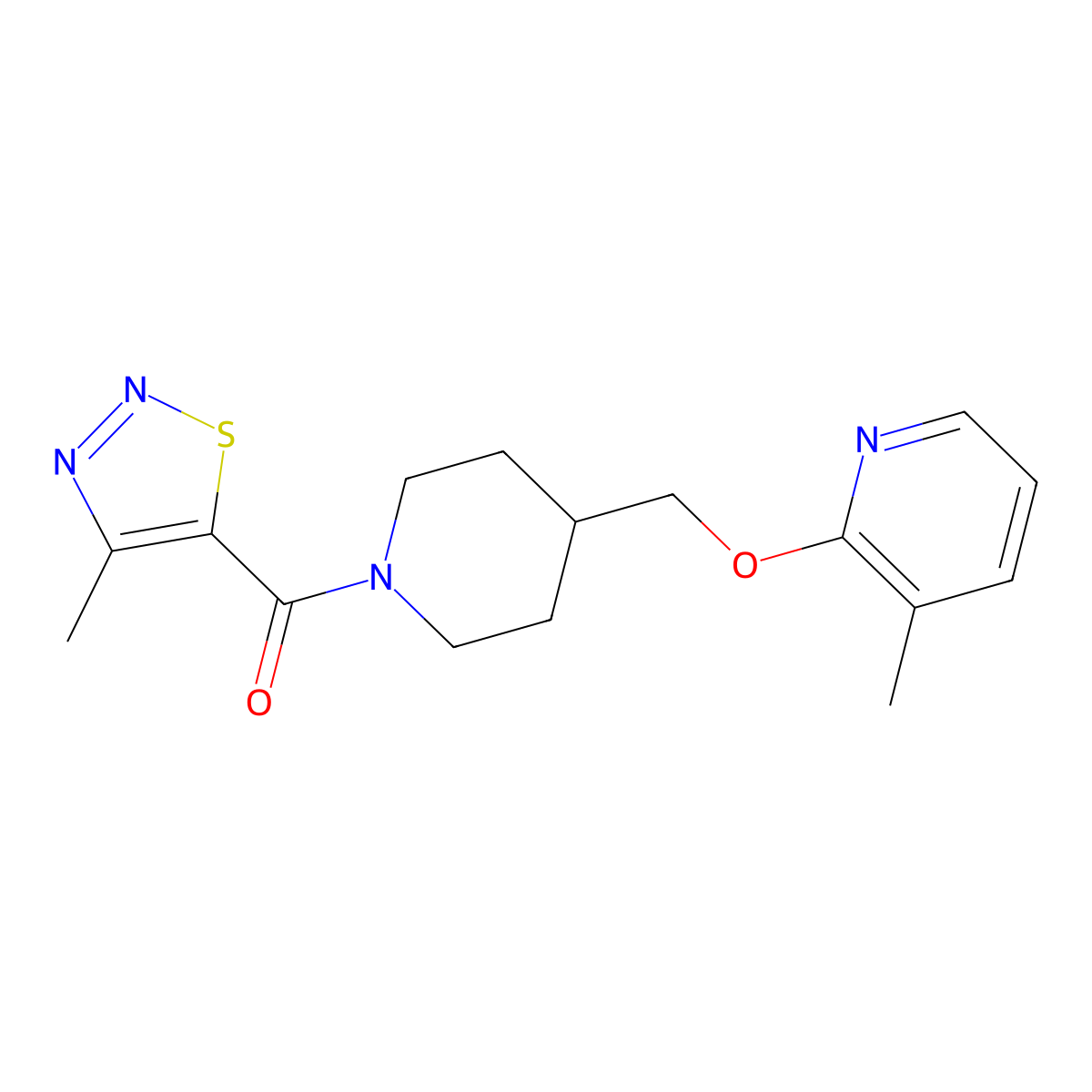 3-Methyl-2-{[1-(4-methyl-1,2,3-thiadiazole-5-carbonyl)piperidin-4-yl]methoxy}pyridine molecular structure, CAS 2202378-02-5