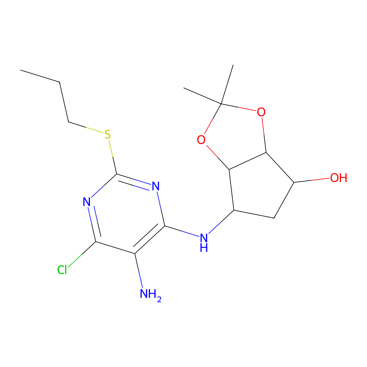(3aR,4S,6R,6aS)-6-((5-amino-6-chloro-2-(propylthio)pyrimidin-4-yl)amino)-2,2-dimethyltetrahydro-3aH-cyclopenta[d][1,3]dioxol-4-ol molecular structure, CAS 220241-60-1