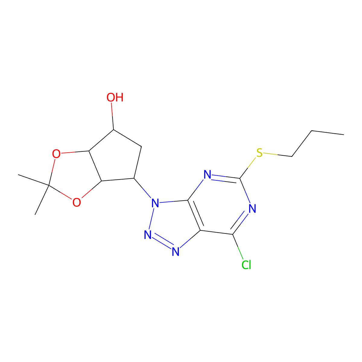 (3aR,4S,6R,6aS)-6-(7-chloro-5-(propylthio)-3H-[1,2,3]triazolo[4,5-d]pyrimidin-3-yl)-2,2-dimethyltetrahydro-3aH-cyclopenta[d][1,3]dioxol-4-ol molecular structure, CAS 220241-61-2