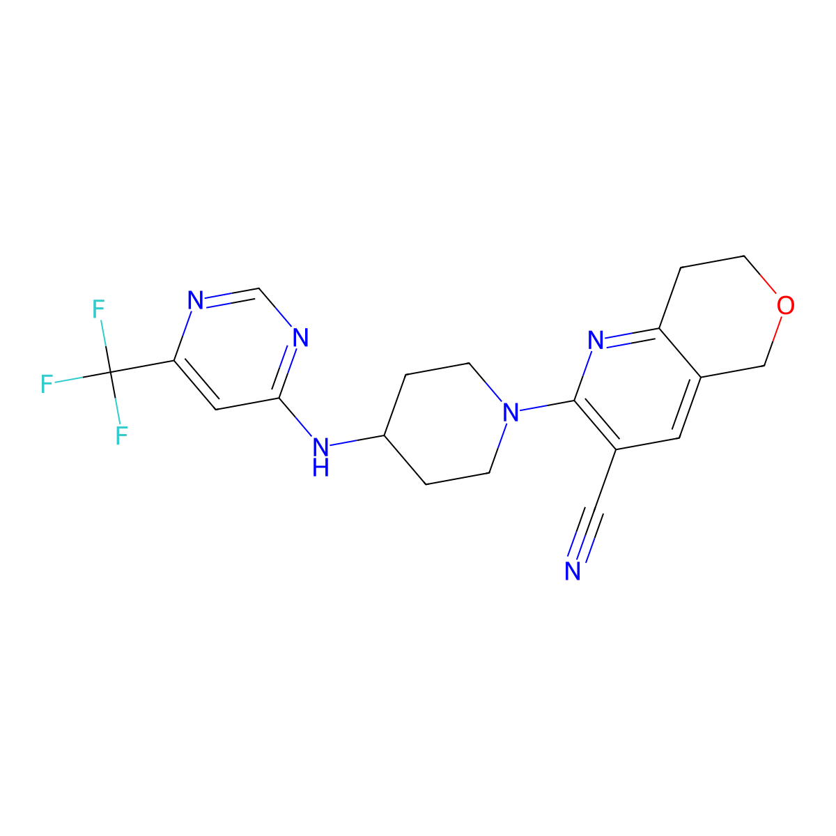 2-(4-{[6-(trifluoromethyl)pyrimidin-4-yl]amino}piperidin-1-yl)-5H,7H,8H-pyrano[4,3-b]pyridine-3-carbonitrile molecular structure, CAS 2202417-12-5