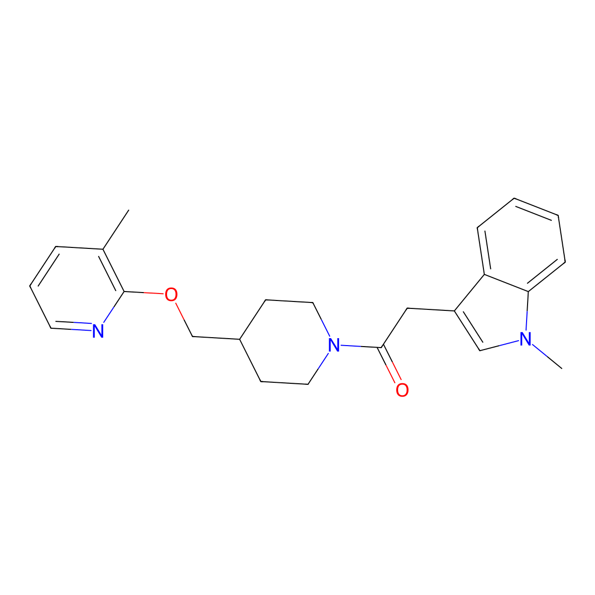 2-(1-methyl-1H-indol-3-yl)-1-(4-{[(3-methylpyridin-2-yl)oxy]methyl}piperidin-1-yl)ethan-1-one molecular structure, CAS 2202422-10-2