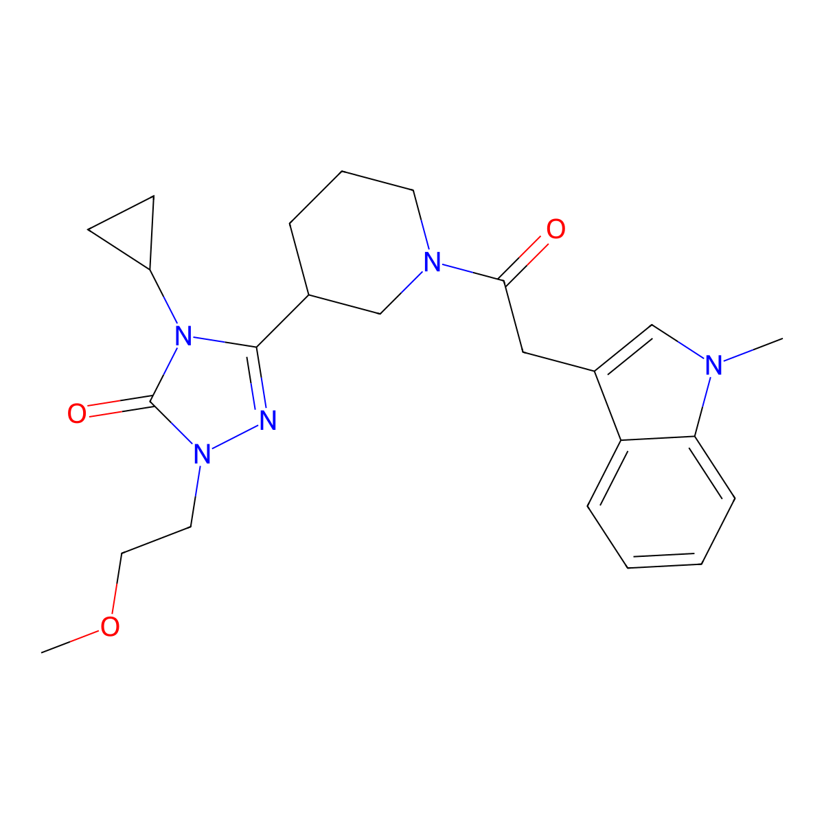4-cyclopropyl-1-(2-methoxyethyl)-3-(1-(2-(1-methyl-1H-indol-3-yl)acetyl)piperidin-3-yl)-1H-1,2,4-triazol-5(4H)-one molecular structure, CAS 2202426-06-8
