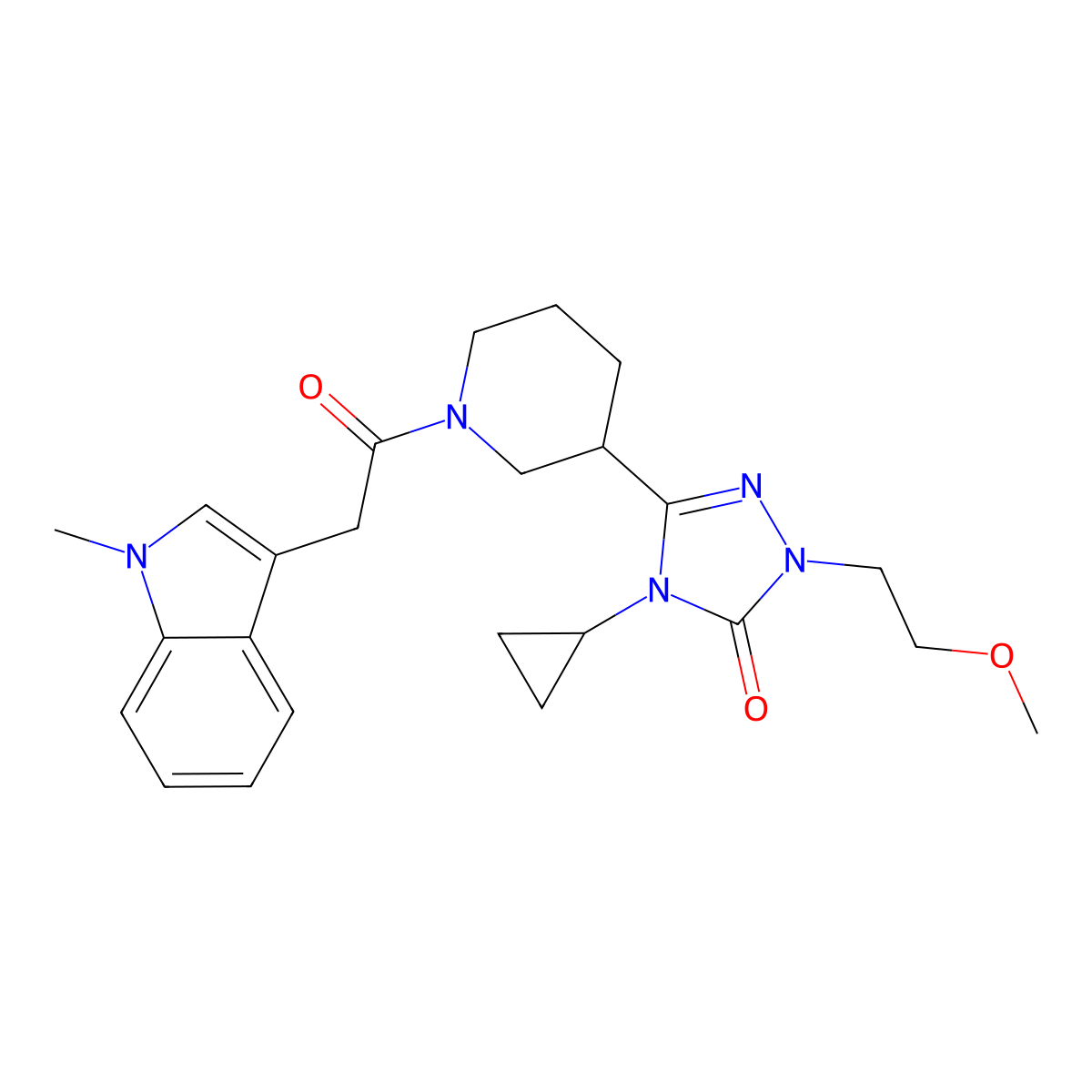 4-cyclopropyl-1-(2-methoxyethyl)-3-(1-(2-(1-methyl-1H-indol-3-yl)acetyl)piperidin-3-yl)-1H-1,2,4-triazol-5(4H)-one molecular structure, CAS 2202426-06-8