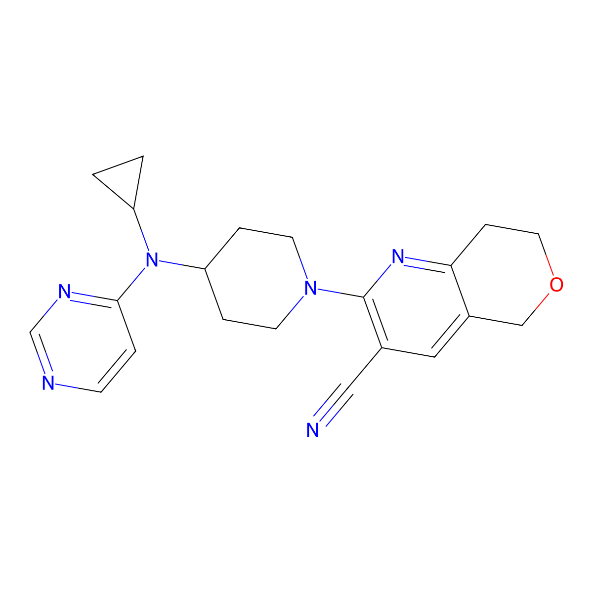 2-{4-[cyclopropyl(pyrimidin-4-yl)amino]piperidin-1-yl}-5H,7H,8H-pyrano[4,3-b]pyridine-3-carbonitrile molecular structure, CAS 2202467-68-1