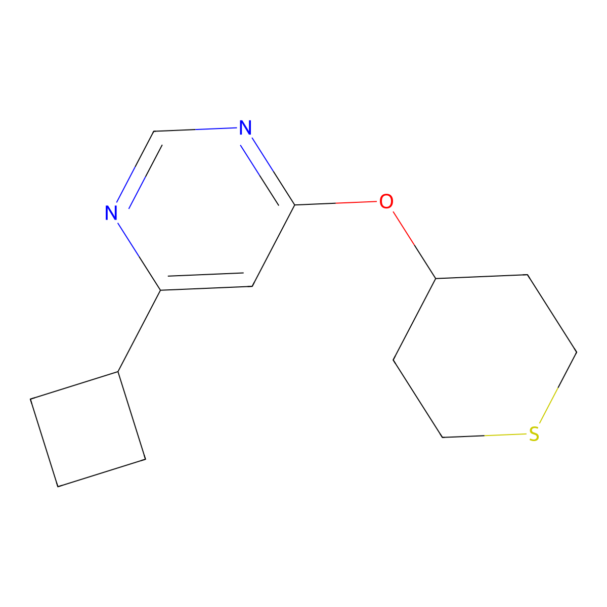 4-Cyclobutyl-6-(thian-4-yloxy)pyrimidine molecular structure, CAS 2202504-66-1