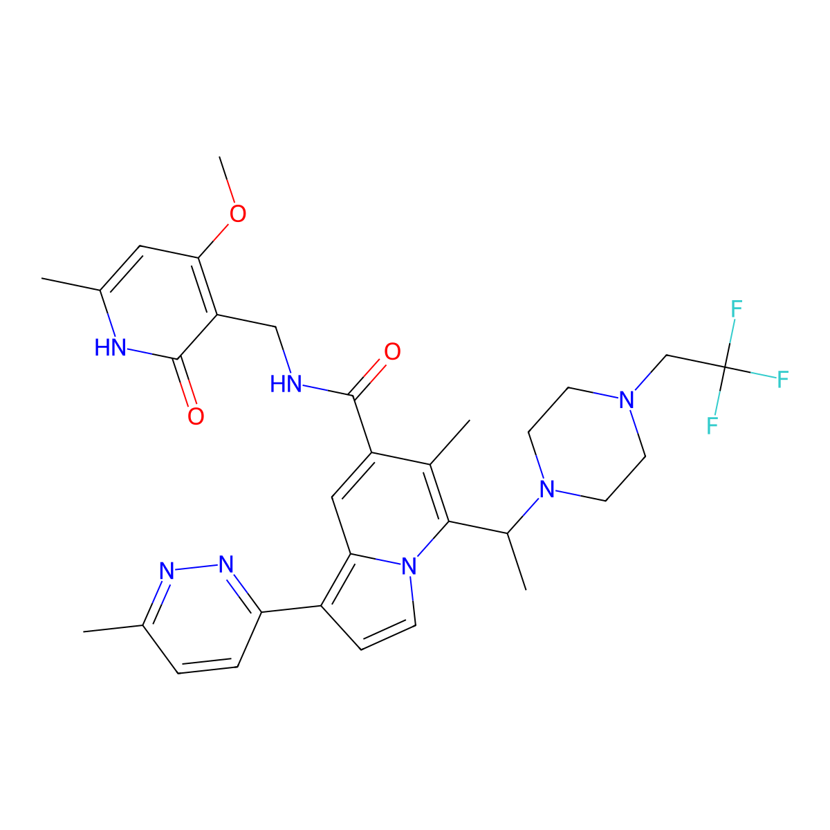 7-Indolizinecarboxamide, N-[(1,2-dihydro-4-methoxy-6-methyl-2-oxo-3-pyridinyl)methyl]-6-methyl-1-(6-methyl-3-pyridazinyl)-5-[(1S)-1-[4-(2,2,2-trifluoroethyl)-1-piperazinyl]ethyl]- molecular structure, CAS 2202678-05-3