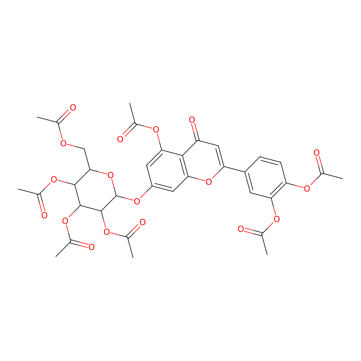 4-{5-(acetyloxy)-4-oxo-7-[(2,3,4,6-tetra-O-acetyl-beta-D-glucopyranosyl)oxy]-4H-chromen-2-yl}benzene-1,2-diyl diacetate molecular structure, CAS 22030-05-3