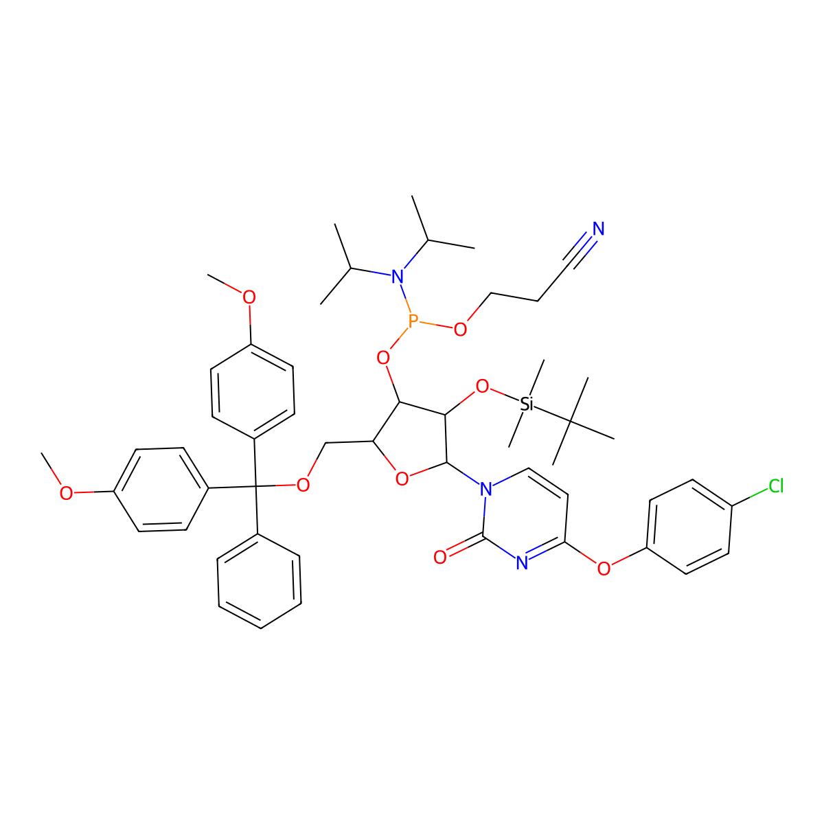 2'-O-tert-Butyldimethylsilyl-O4-(4-chlorophenyl)-5'-O-DMT-uridine 3'-CE-phosphoramidite molecular structure, CAS 220382-28-5
