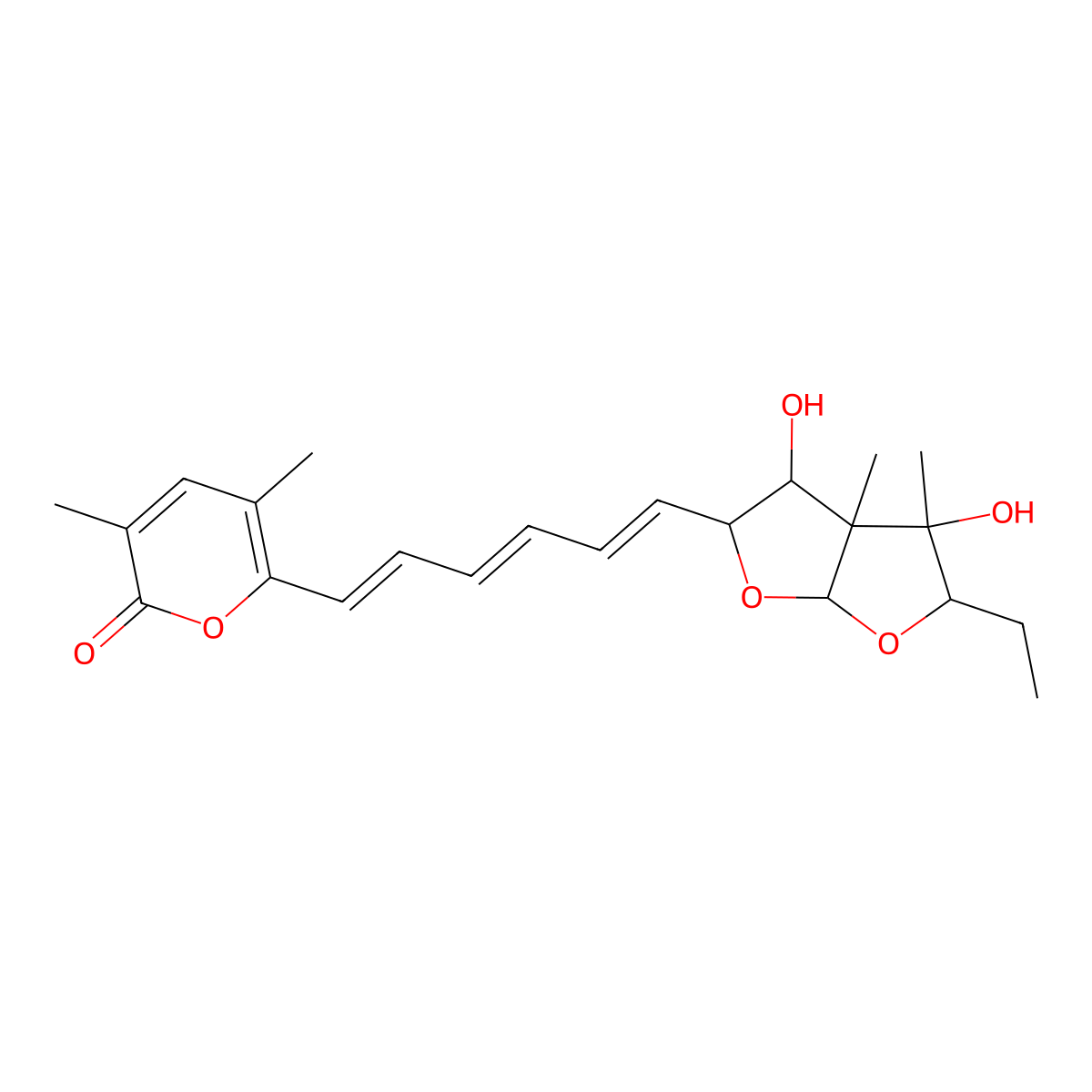 6-[(1E,3E,5E)-6-(2-ethyl-3,4-dihydroxy-3,3a-dimethyl-2,4,5,6a-tetrahydrofuro[2,3-b]furan-5-yl)hexa-1,3,5-trienyl]-3,5-dimethylpyran-2-one molecular structure, CAS 220383-76-6