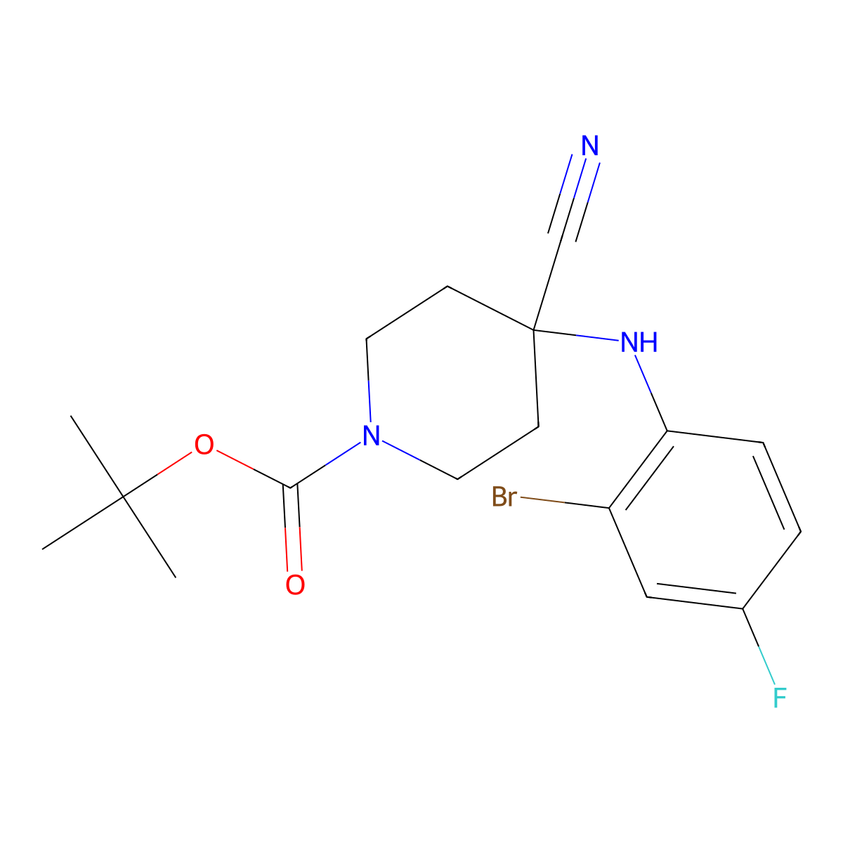 tert-Butyl 4-((2-bromo-4-fluorophenyl)amino)-4-cyanopiperidine-1-carboxylate molecular structure, CAS 2204141-39-7