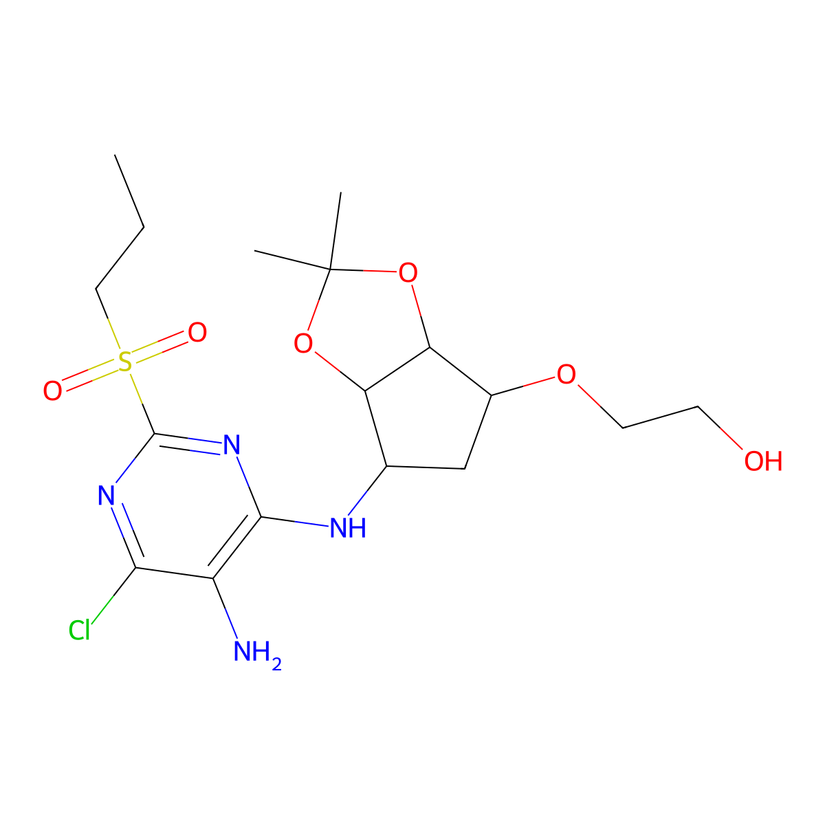 2-(((3aR,4S,6R,6aS)-6-((5-amino-6-chloro-2-(propylsulfonyl)pyrimidin-4-yl)amino)-2,2-dimethyltetrahydro-4H-cyclopenta[d][1,3]dioxol-4-yl)oxy)ethan-1-ol molecular structure, CAS 2204313-65-3