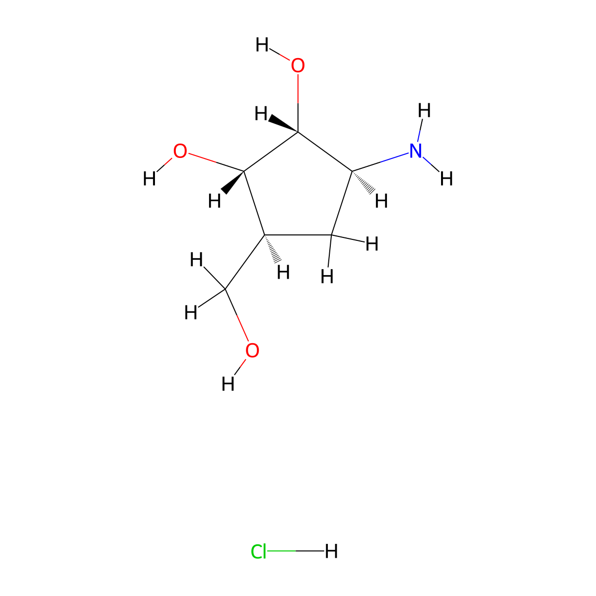 (1S,2R,3S,5S)-3-Amino-5-(hydroxymethyl)cyclopentane-1,2-diol hydrochloride molecular structure, CAS 220497-88-1