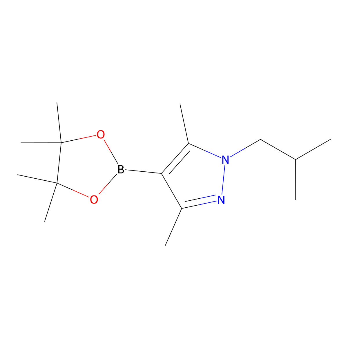 1-Isobutyl-3,5-dimethyl-4-(4,4,5,5-tetramethyl-[1,3,2]dioxaborolan-2-yl)-1H-pyrazole molecular structure, CAS 2205068-12-6
