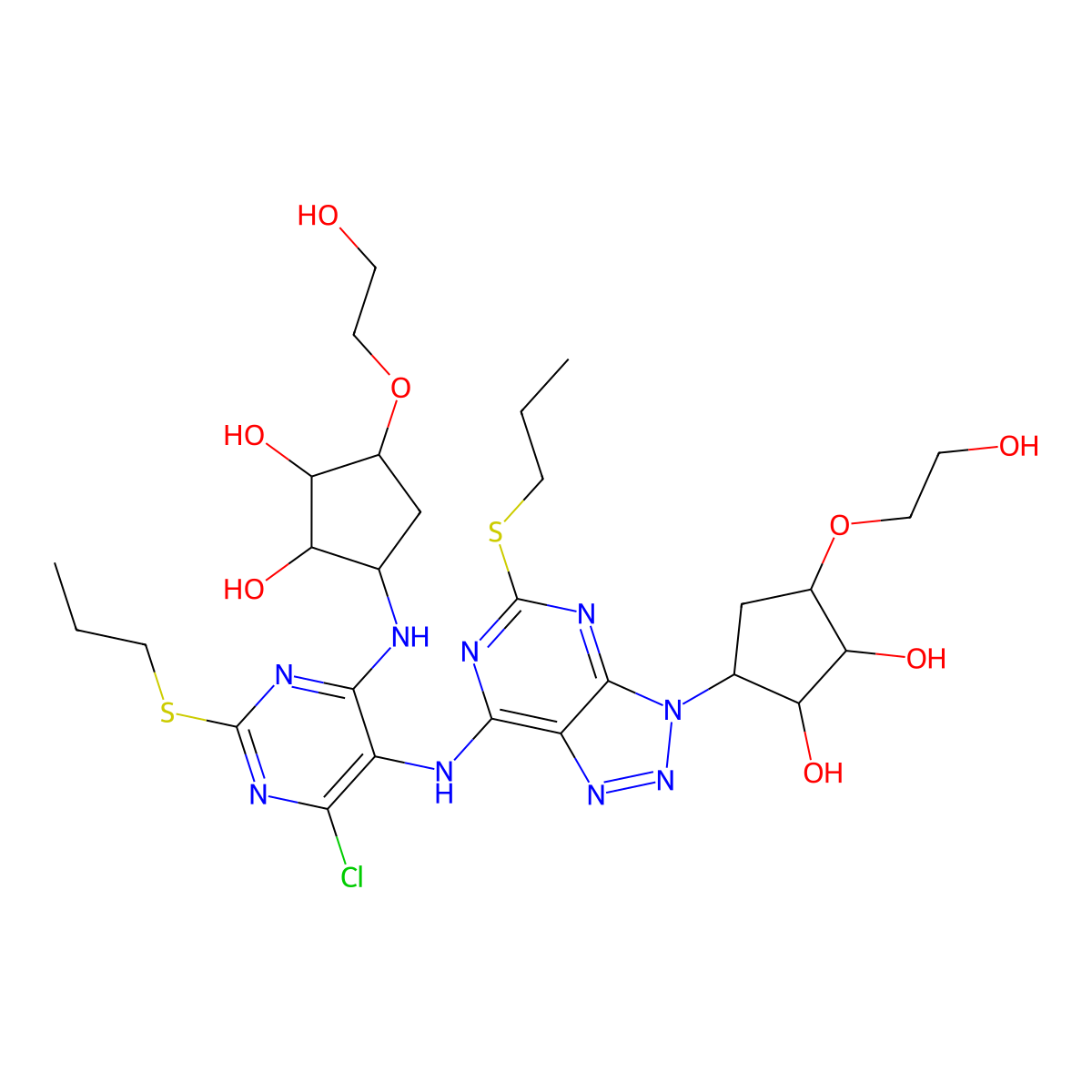 (1S,2S,3R,5S)-3-((6-Chloro-5-((3-((1R,2S,3S,4S)-2,3-dihydroxy-4-(2-hydroxyethoxy)cyclopentyl)-5-(propylthio)-3H-[1,2,3]triazolo[4,5-d]pyrimidin-7-yl)amino)-2-(propylthio)pyrimidin-4-yl)amino)-5-(2-hydroxyethoxy)cyclopentane-1,2-diol molecular structure, CAS 2205903-73-5