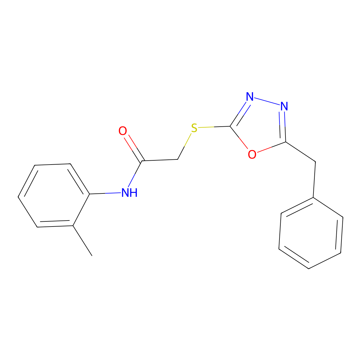 2-((5-Benzyl-1,3,4-oxadiazol-2-yl)thio)-N-(o-tolyl)acetamide molecular structure, CAS 220597-81-9