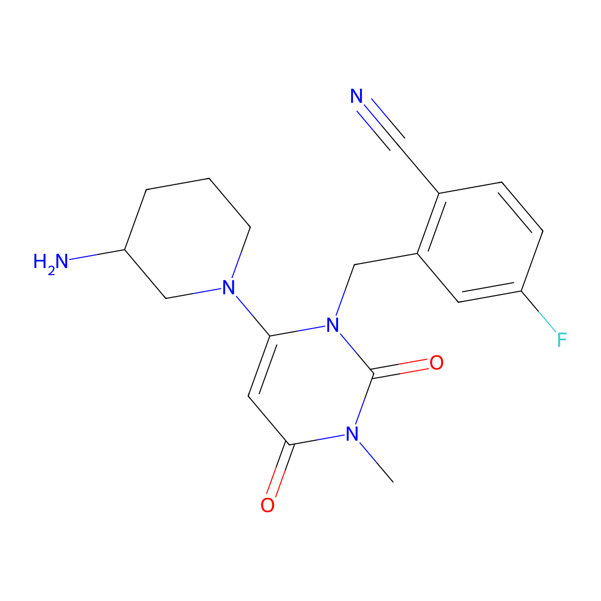 (S)-2-((6-(3-Aminopiperidin-1-yl)-3-methyl-2,4-dioxo-3,4-dihydropyrimidin-1(2H)-yl)methyl)-4-fluorobenzonitrile molecular structure, CAS 2206135-35-3