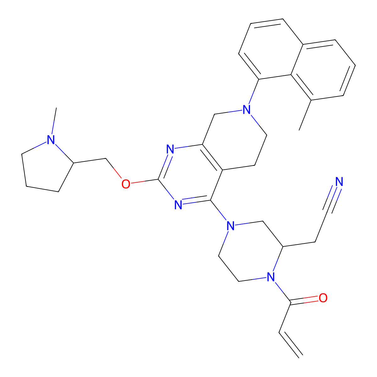 2-((S)-1-Acryloyl-4-(7-(8-methylnaphthalen-1-yl)-2-(((S)-1-methylpyrrolidin-2-yl)methoxy)-5,6,7,8-tetrahydropyrido[3,4-d]pyrimidin-4-yl)piperazin-2-yl)acetonitrile molecular structure, CAS 2206736-04-9