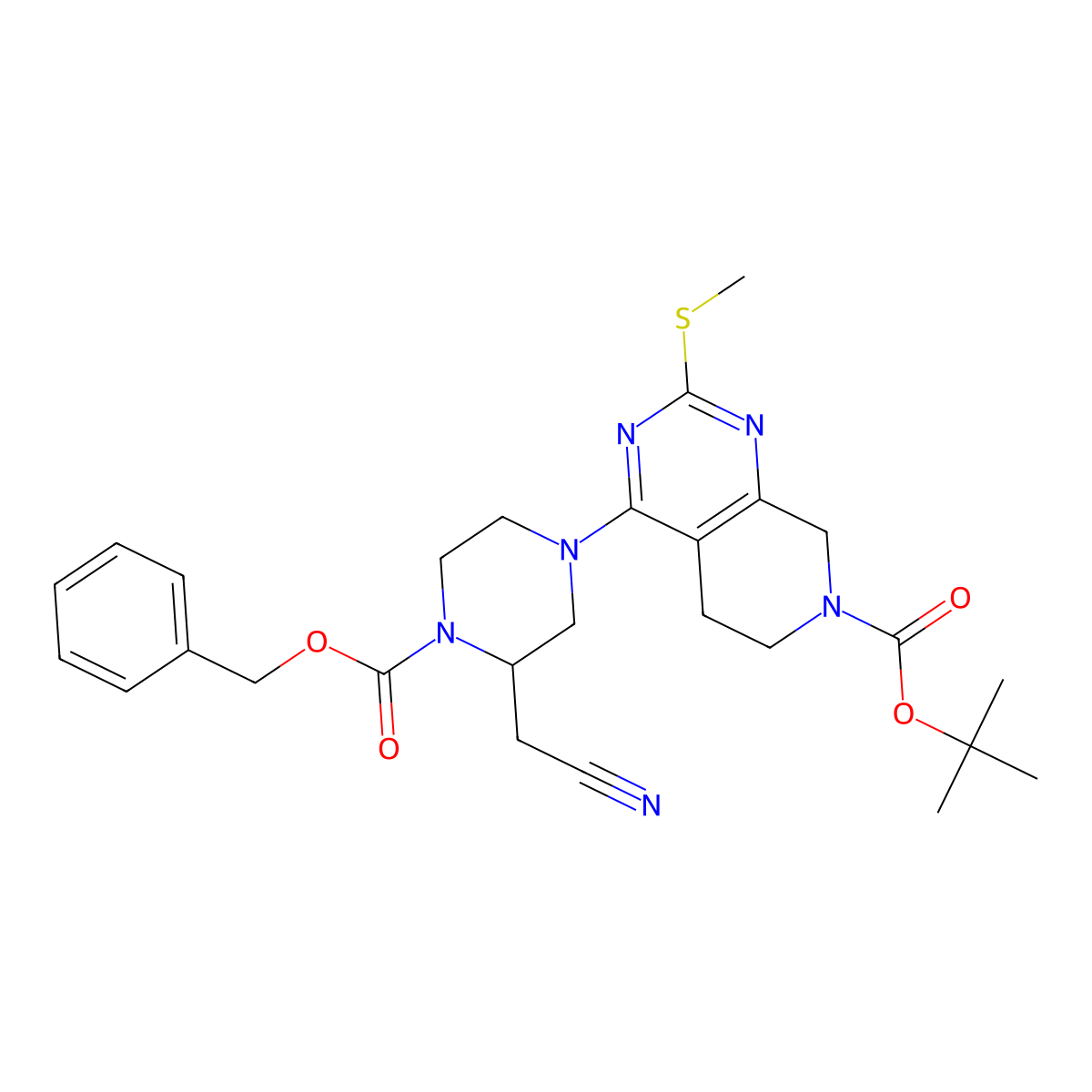 (S)-tert-Butyl 4-(4-((benzyloxy)carbonyl)-3-(cyanomethyl)piperazin-1-yl)-2-(methylthio)-5,6-dihydropyrido[3,4-d]pyrimidine-7(8H)-carboxylate molecular structure, CAS 2206736-97-0