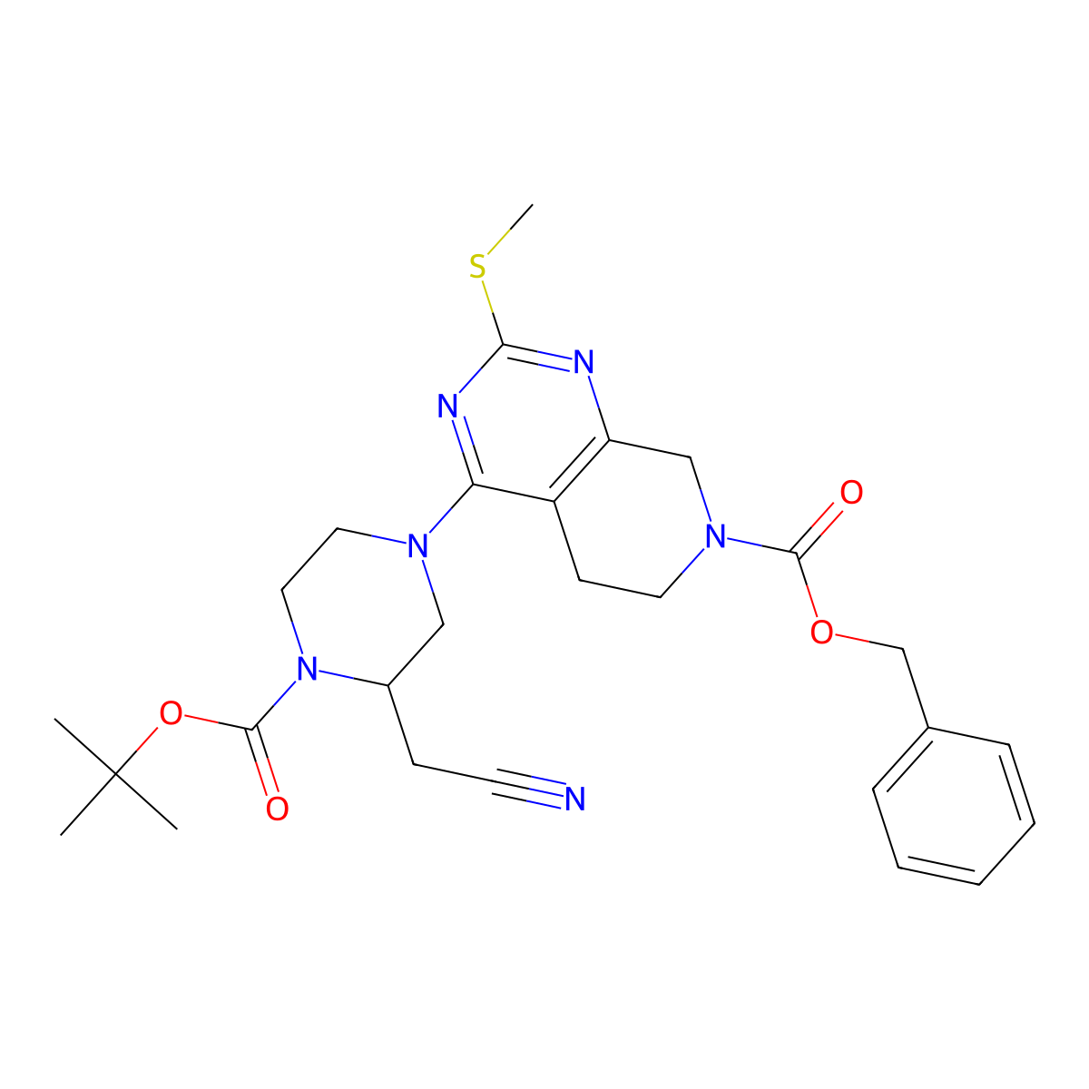 benzyl 4-[(3S)-4-tert-butoxycarbonyl-3-(cyanomethyl)piperazin-1-yl]-2-methylsulfanyl-6,8-dihydro-5H-pyrido[3,4-d]pyrimidine-7-carboxylate molecular structure, CAS 2206737-02-0