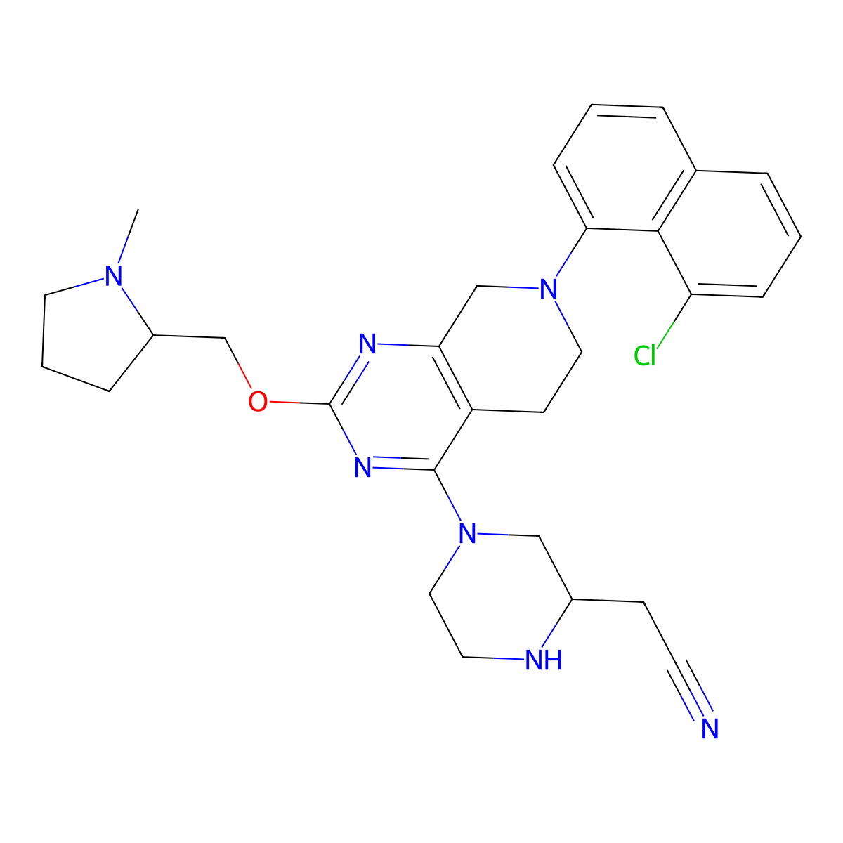2-((S)-4-(7-(8-Chloronaphthalen-1-yl)-2-(((S)-1-methylpyrrolidin-2-yl)methoxy)-5,6,7,8-tetrahydropyrido[3,4-d]pyrimidin-4-yl)piperazin-2-yl)acetonitrile molecular structure, CAS 2206737-06-4