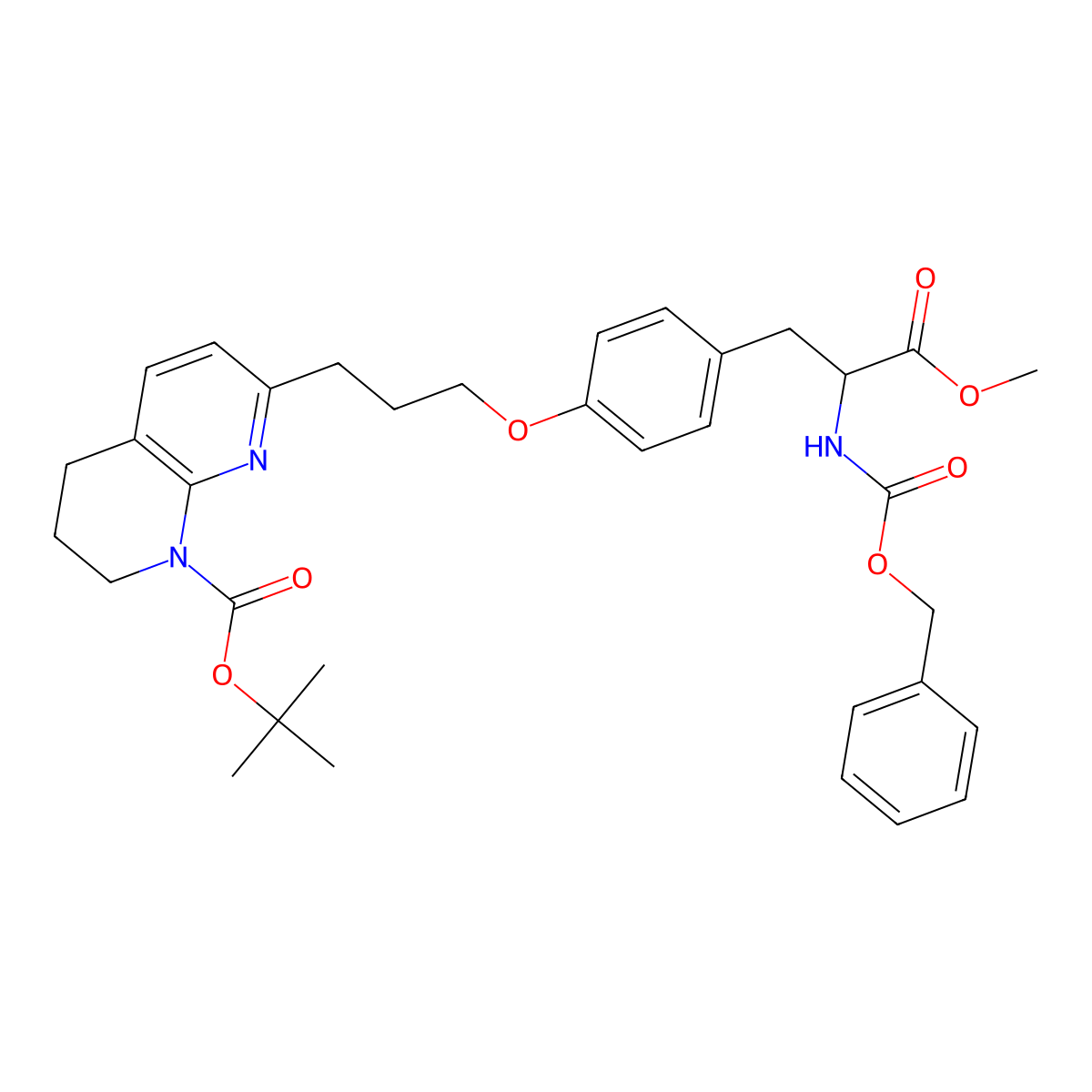 tert-Butyl (S)-7-(3-(4-(2-(((benzyloxy)carbonyl)amino)-3-methoxy-3-oxopropyl)phenoxy)propyl)-3,4-dihydro-1,8-naphthyridine-1(2H)-carboxylate molecular structure, CAS 2206777-17-3