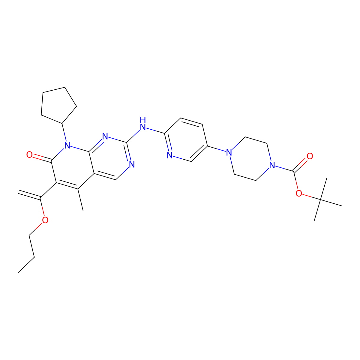 tert-Butyl 4-(6-(8-cyclopentyl-5-methyl-7-oxo-6-(1-propoxyvinyl)-7,8-dihydropyrido[2,3-d]pyrimidin-2-ylamino)pyridin-3-yl)piperazine-1-carboxylate molecular structure, CAS 2206827-36-1