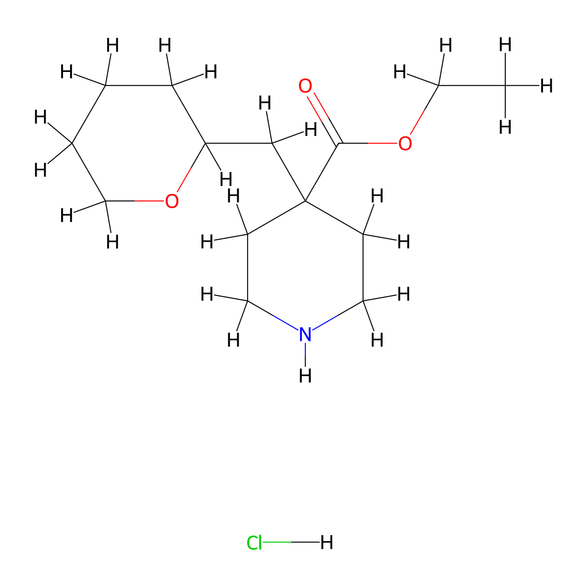 Ethyl 4-(tetrahydro-2H-pyran-2-ylmethyl)-4-piperidinecarboxylate hydrochloride molecular structure, CAS 2206966-42-7