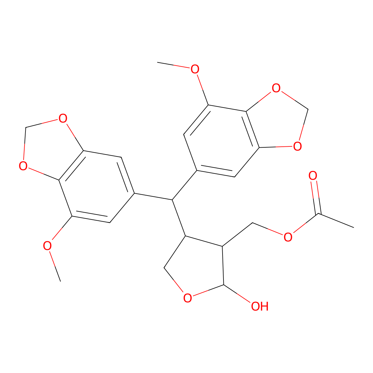 [4-[Bis(7-methoxy-1,3-benzodioxol-5-yl)methyl]-2-hydroxyoxolan-3-yl]methyl acetate molecular structure, CAS 220736-95-8