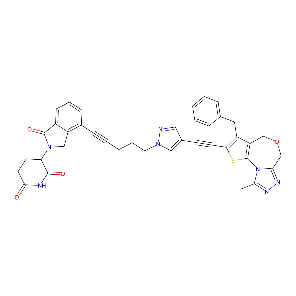 3-(4-(5-(4-((3-Benzyl-9-methyl-4H,6H-thieno[2,3-e][1,2,4]triazolo[3,4-c][1,4]oxazepin-2-yl)ethynyl)-1H-pyrazol-1-yl)pent-1-yn-1-yl)-1-oxoisoindolin-2-yl)piperidine-2,6-dione molecular structure, CAS 2207569-08-0
