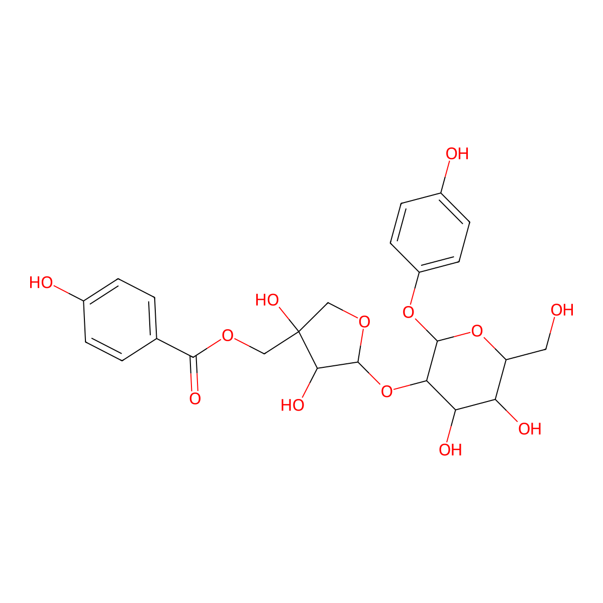 ((3S,4R,5S)-5-((2S,3R,4S,5S,6R)-4,5-dihydroxy-6-(hydroxymethyl)-2-(4-hydroxyphenoxy)oxan-3-yl)oxy-3,4-dihydroxyoxolan-3-yl)methyl 4-hydroxybenzoate molecular structure, CAS 220778-23-4