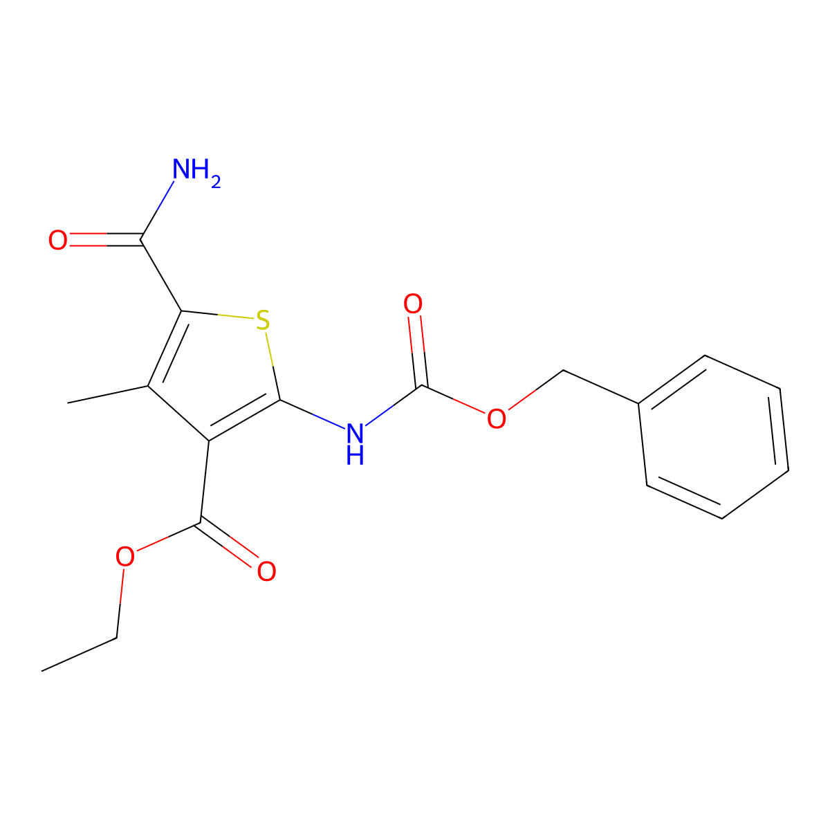 Ethyl 2-{[(benzyloxy)carbonyl]amino}-5-carbamoyl-4-methylthiophene-3-carboxylate molecular structure, CAS 2208831-94-9