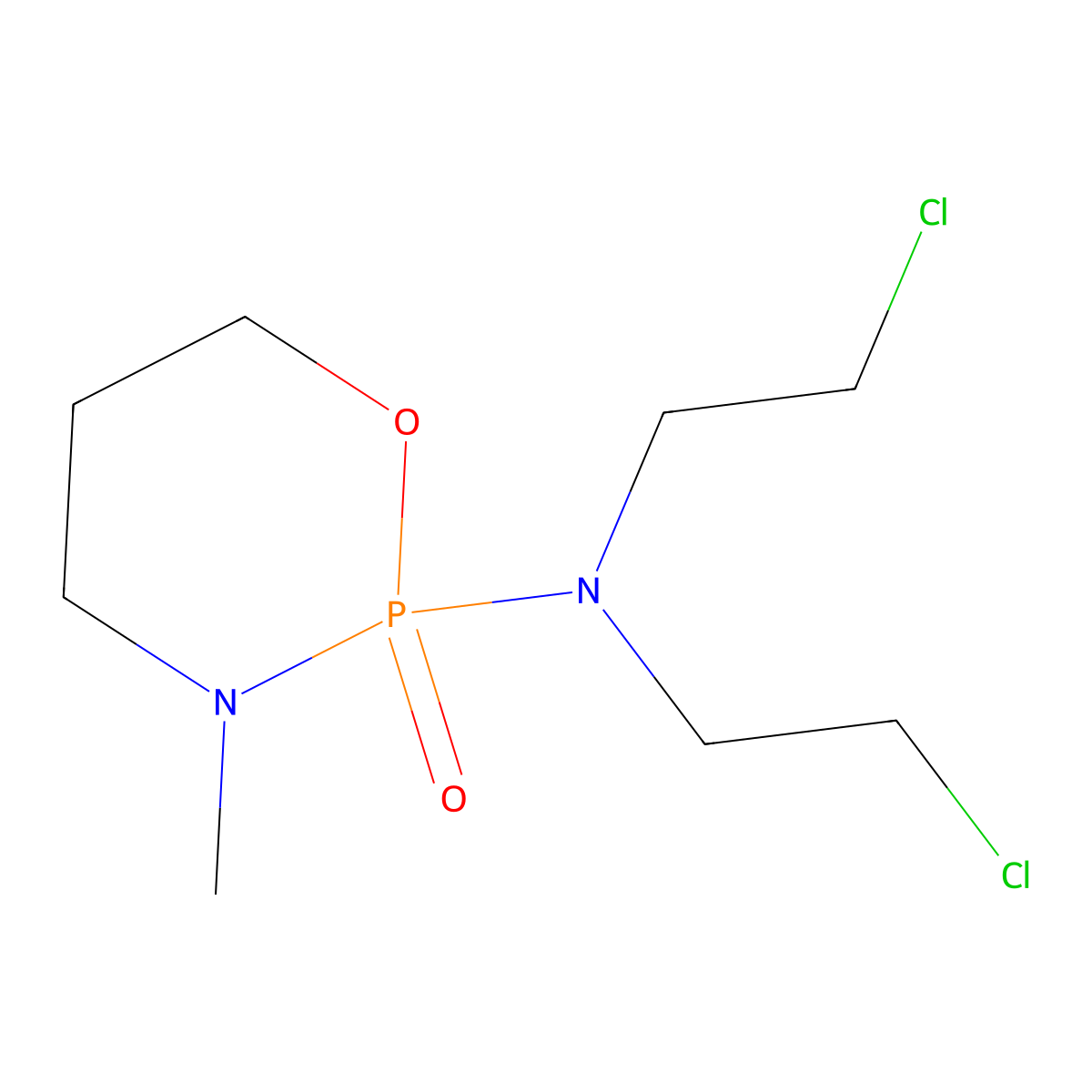 2H-1,3,2-Oxazaphosphorine, tetrahydro-2-(bis(2-chloroethyl)amino)-3-methyl-, 2-oxide molecular structure, CAS 22089-17-4