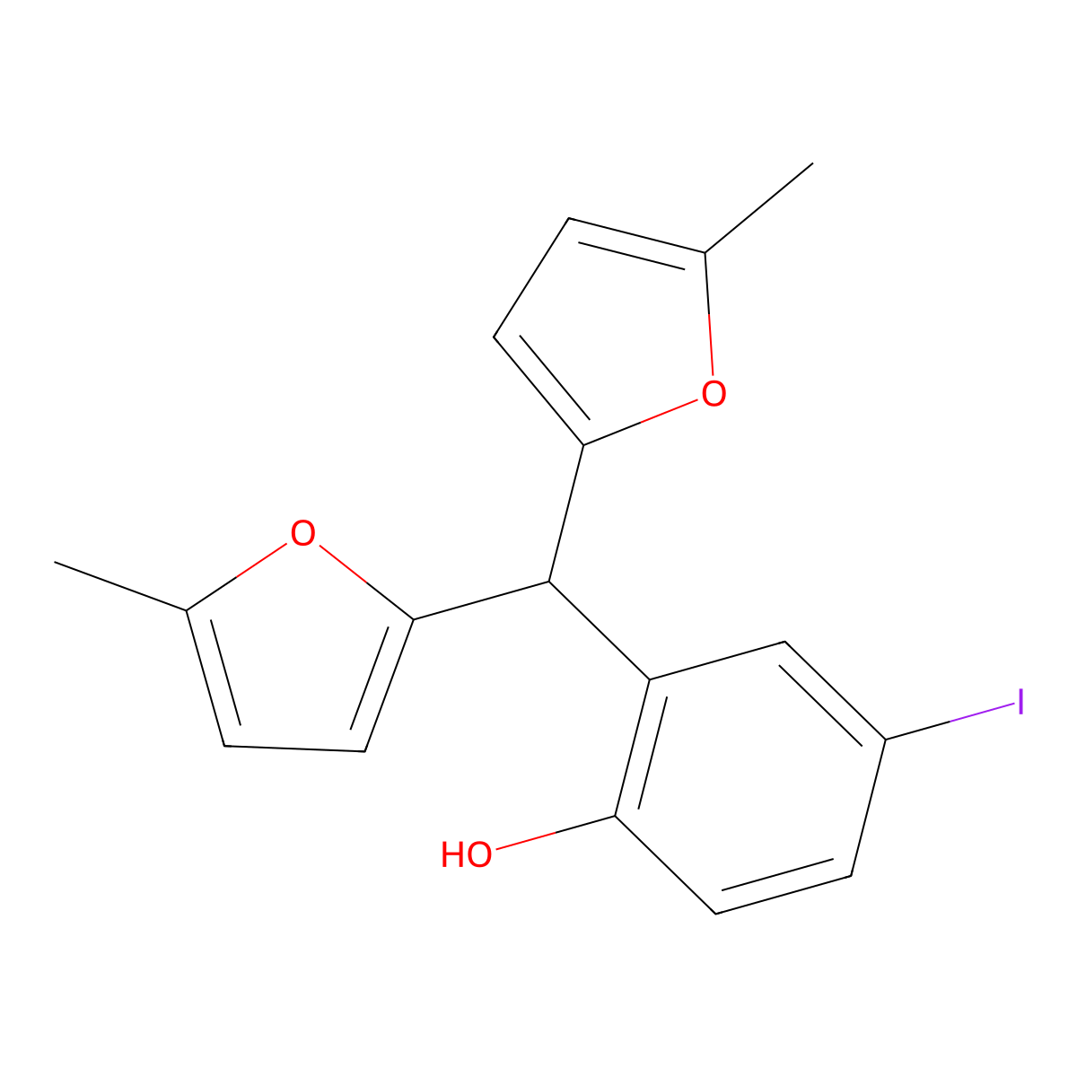2-[Bis(5-methylfuran-2-yl)methyl]-4-iodophenol molecular structure, CAS 220900-80-1