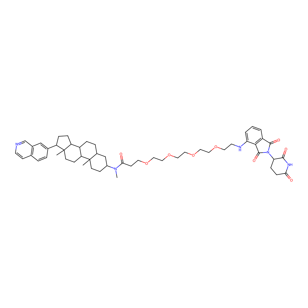 1-((2-(2,6-Dioxopiperidin-3-yl)-1,3-dioxoisoindolin-4-yl)amino)-N-((3S,5S,8R,9S,10S,13S,14S,17S)-17-(isoquinolin-7-yl)-10,13-dimethylhexadecahydro-1H-cyclopenta[a]phenanthren-3-yl)-N-methyl-3,6,9,12-tetraoxapentadecan-15-amide molecular structure, CAS 2209085-22-1