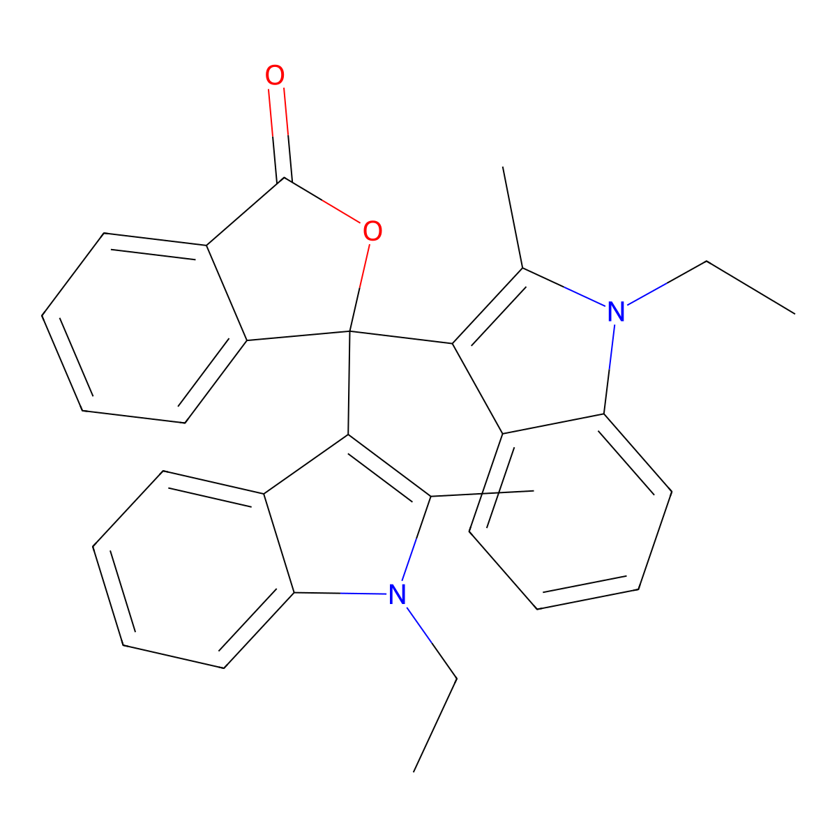 1(3H)-Isobenzofuranone, 3,3-bis(1-ethyl-2-methyl-1H-indol-3-yl)- molecular structure, CAS 22091-92-5