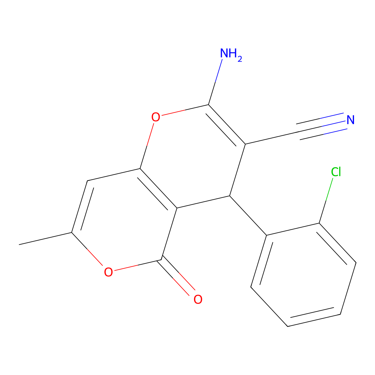 2-amino-4-(2-chlorophenyl)-7-methyl-5-oxo-4H,5H-pyrano[4,3-b]pyran-3-carbonitrile molecular structure, CAS 220986-34-5
