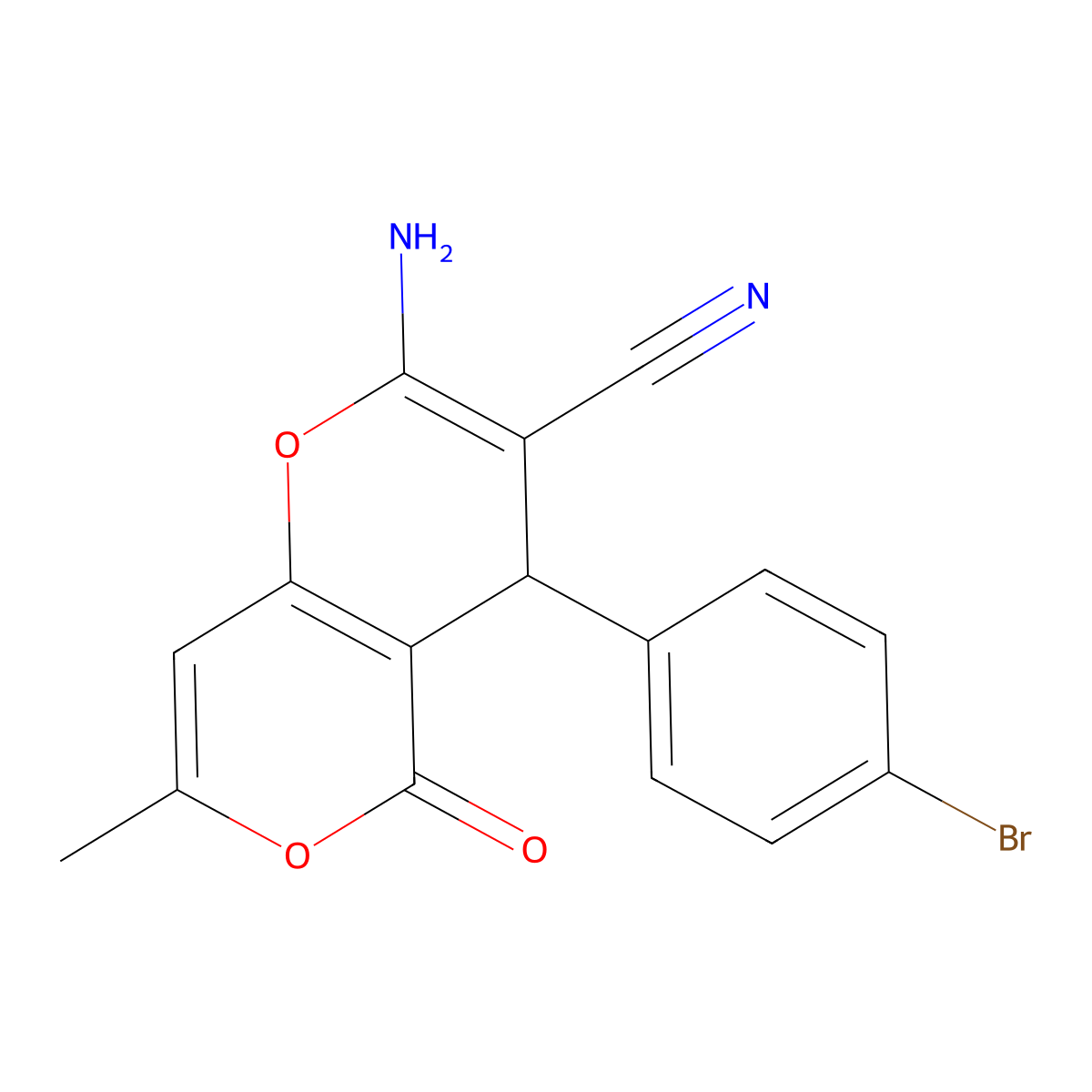 2-amino-4-(4-bromophenyl)-7-methyl-5-oxo-4H,5H-pyrano[4,3-b]pyran-3-carbonitrile molecular structure, CAS 220986-36-7