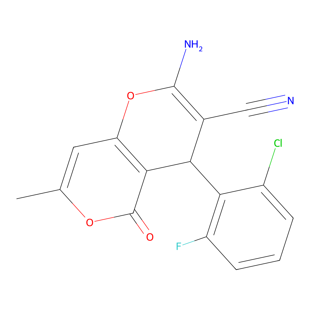 4H,5H-Pyrano[4,3-b]pyran-3-carbonitrile, 2-amino-4-(2-chloro-6-fluorophenyl)-7-methyl-5-oxo- molecular structure, CAS 220986-38-9