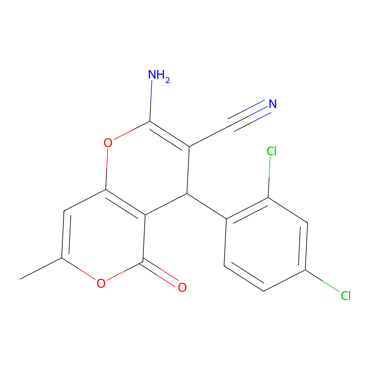 2-Amino-4-(2,4-dichlorophenyl)-7-methyl-5-oxo-4H,5H-pyrano[4,3-b]pyran-3-carbonitrile molecular structure, CAS 220986-40-3