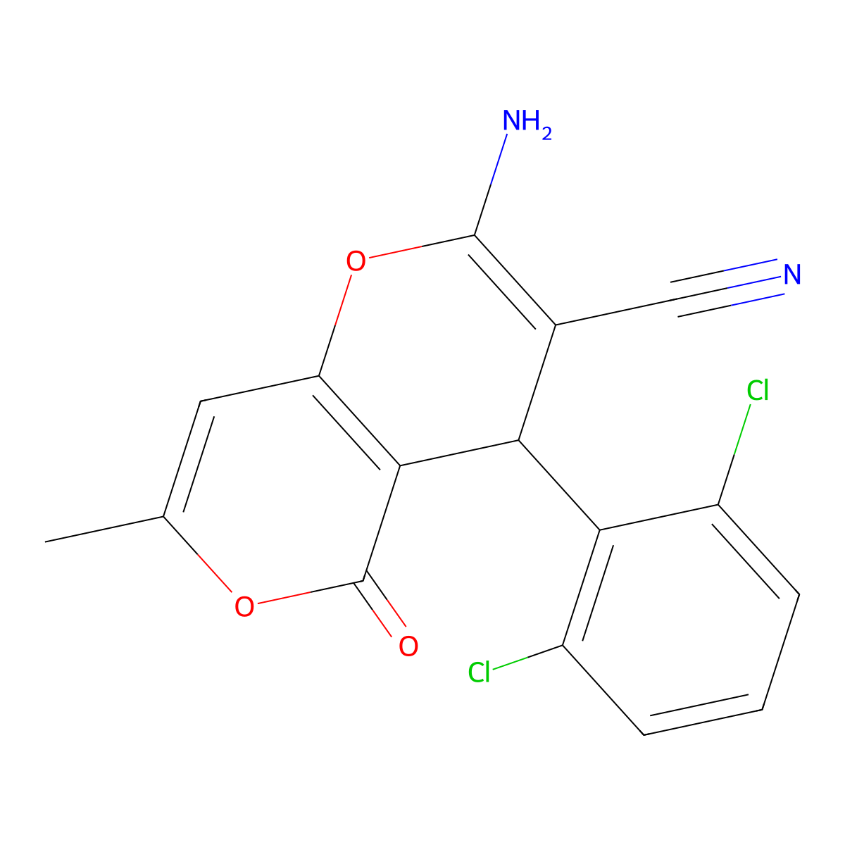 2-amino-4-(2,6-dichlorophenyl)-7-methyl-5-oxo-4H,5H-pyrano[3,2-c]pyran-3-carbonitrile molecular structure, CAS 220986-43-6