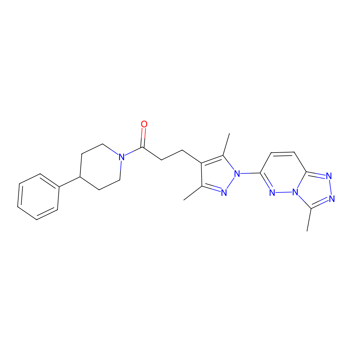 3-(3,5-dimethyl-1-(3-methyl-[1,2,4]triazolo[4,3-b]pyridazin-6-yl)-1H-pyrazol-4-yl)-1-(4-phenylpiperidin-1-yl)propan-1-one molecular structure, CAS 2209887-98-7