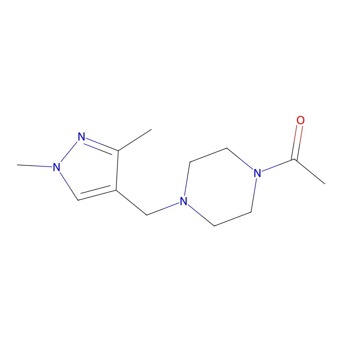 1-(4-((1,3-dimethyl-1H-pyrazol-4-yl)methyl)piperazin-1-yl)ethan-1-one molecular structure, CAS 2210049-28-6