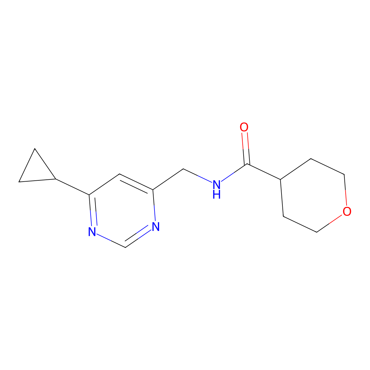 N-[(6-cyclopropylpyrimidin-4-yl)methyl]oxane-4-carboxamide molecular structure, CAS 2210050-89-6